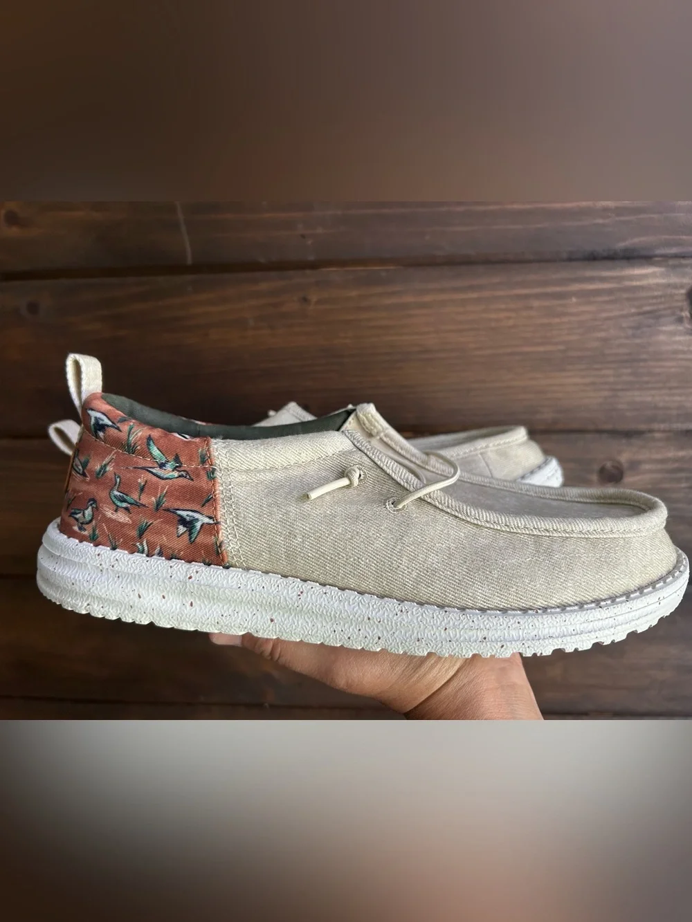 Hey Dude Men's Slip-On Boat Shoe in Cream with Brown Patterned Ducks